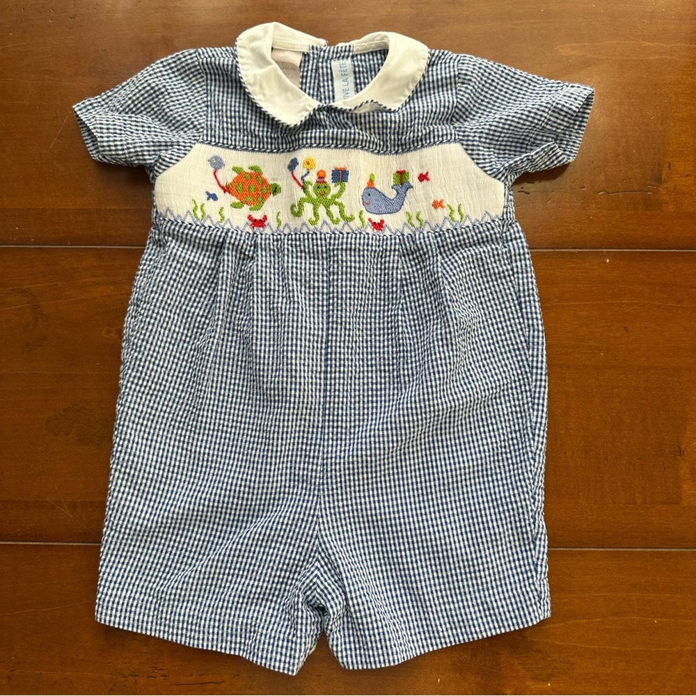 Vive Le Fete - Blue and White Gingham Smocked Romper 18months- Party Animals